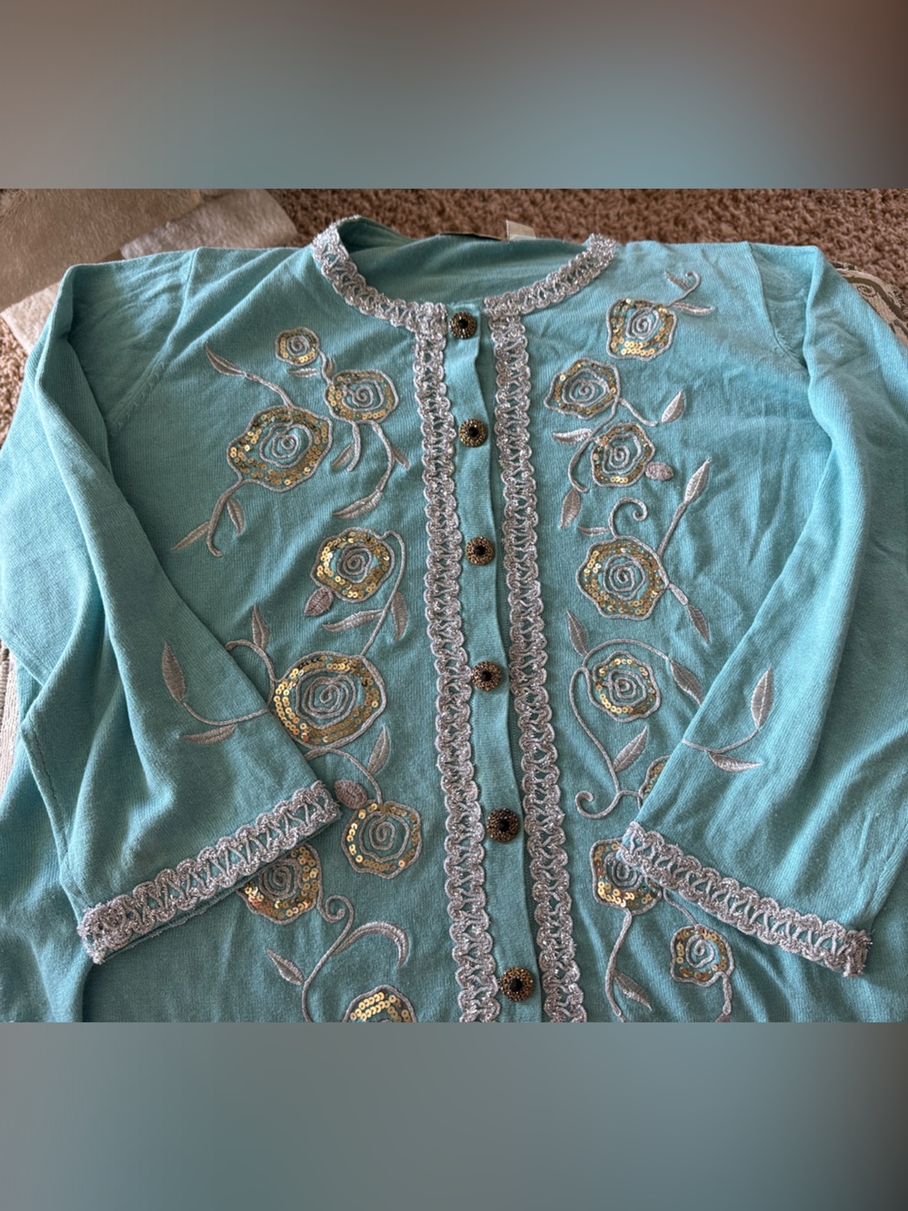 Vintage by Storybook Knits Teal Embroidered Sequin Button-Front granny core 2x